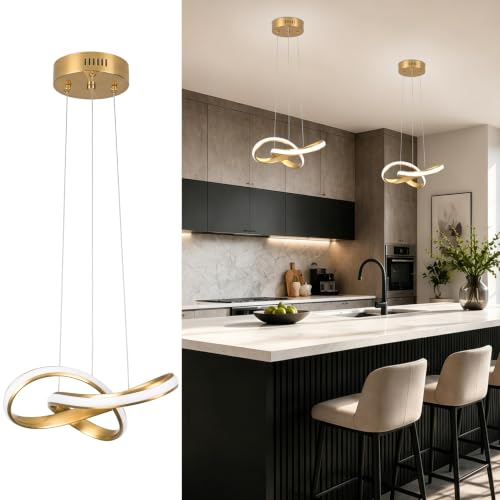 LED Chandelier Modern Pendant Light Fixture 2 Pack Simple Irregular Streamline Ring Light Gold with 4500K and 59" Height Adjustable Hanging Lamp for Kitchen Island Hallway Foyer Corridor