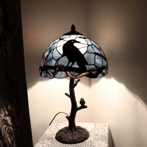 L10956 Tiffany Style Stained Glass Raven Table Lamp
