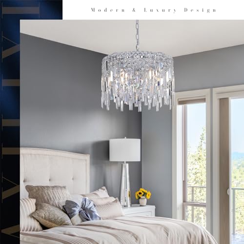 Round Crystal Chandelier Modern 20" Drum Chandelier with Chain Chrome Adjustable K9 Raindrop Crystal Ceiling Pendant Fixtures 2 Tiers for Dining Room Bedroom Living Room
