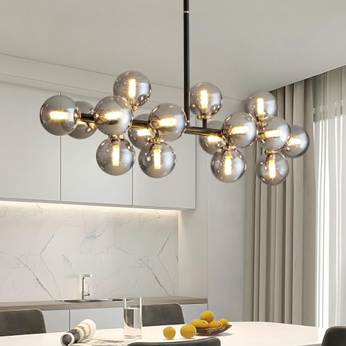 16 Lights Mid Century Modern Chandelier Black Linear Chandelier Light Fixtures Glass Globe Sputnik Pendant Light for Dining Room Kitchen Island