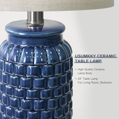24 inches Modern Ceramic Dark Blue Bedside Lamp Set of 2 for Bedroom Decor Farmhouse Table Lamp for Living Room Office Dorm (2 Count)