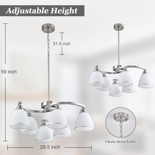 6 Light Brushed Nickel Chandelier Modern Farmhouse Dinner Room Light Fixture with Frosted Glass Lampshade (6 Count)