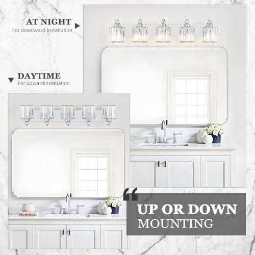 5 Light Modern Bathroom Light Fixture Chrome Vanity Lights Over Mirror Wall Sconce Lighting with K9 Crystal Shades Bathroom Wall Lamp E26 Base for Bedroom