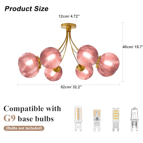 8 Light Sputnik Pink Chandelier Vintage Flush Mount Ceiling Light with Globe Glass Pendant Lights Gold Chandeliers for Dining Room Bedroom Living Room