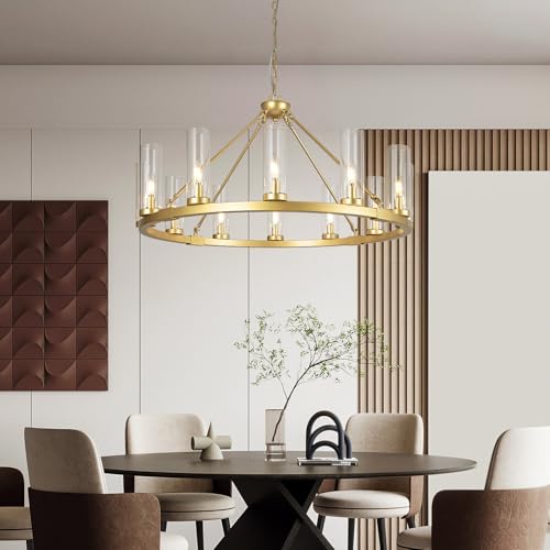 12 Lights Gold Chandelier Wagon Wheel Chandelier with Clear Glass Shade Round Industrial Pendant Lighting Fixture for Stair Living Room Foyer Kitchen