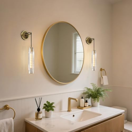 Lighting Modern Luxury Crystal Wall Sconces Brushed Gold Long Wall Lamp 15” Clear Glass Wall Sconce Vintage Antique Brass Wall Lights for Entryway Bedroom Stairway