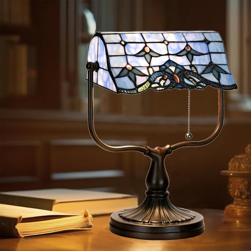 TL0031 Tiffany Banker Desk Lamp Stained Glass Blue Baroque Shade with Vintage Bronze Base W10.25 X OH13 Inch. Perfect for Piano Kitchen Beside Table