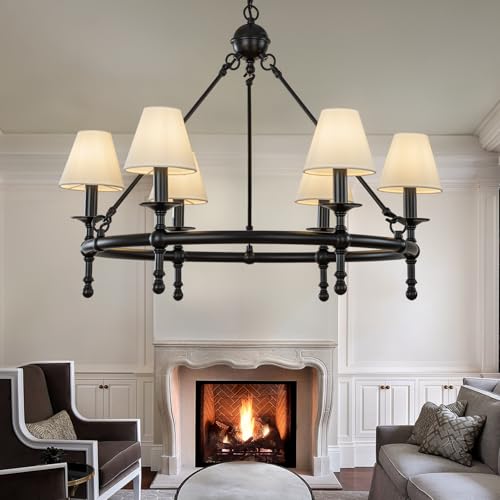 6 Lights W34in Vintage Matte Black Classic Lighting with White Pleated Fabric Chandeliers for Dining Room Mid Century Modern Large Round Ceiling Light for Classic Living Room