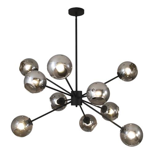 10 Lights Black Sputnik Chandelier Adjustable Modern Large Globe Pendant Hanging Light Mid Century Smoke Grey Glass Sputnik Lights Contemporary Chandelier Dining Room Light Fixtures Over Table