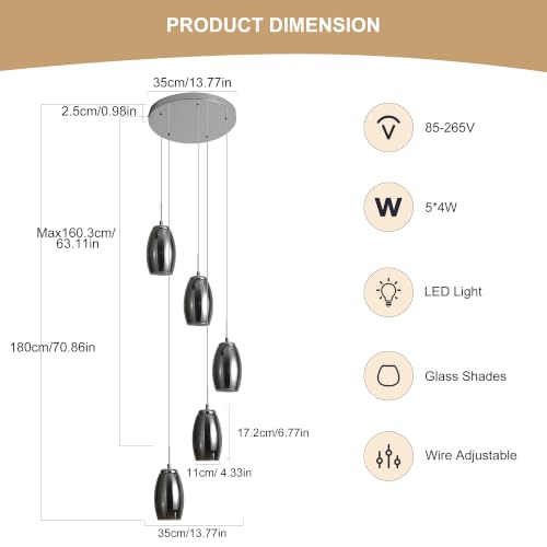 Modern 5 Light LED Staircase Chandelier with Smoke Gray Glass