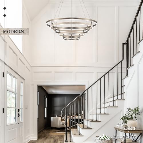5 Ring LED Chandelier Modern Chandelier Weathered Wood Nickel Dimmable 31''