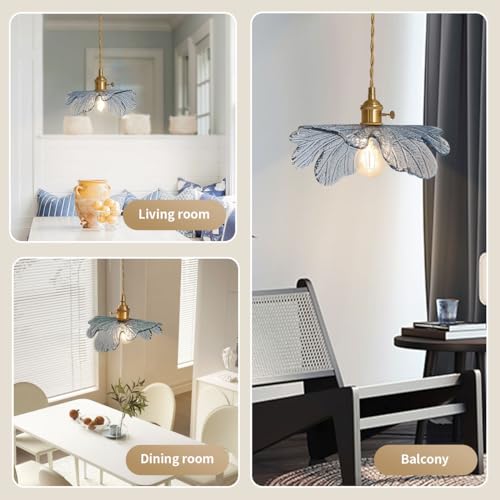 Vintage Glass Pendant Light Gold Brushed Brass Hanging Light with Blue Flower Glass Shade