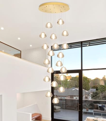 Gold Modern Crystal Chandelier for Staircases 157" Long Adjustable Ceiling Light for Entrance 3000K LED Hanging Lighting Living Room Hallway Entryway