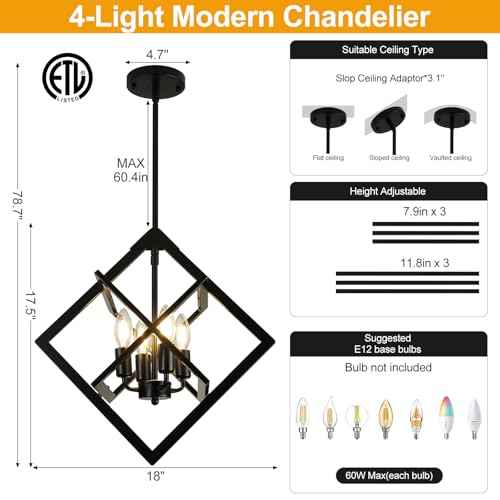 18" Modern Black Chandelier for Dining Room, No Assembly Required 4-Light Dining Room Light Fixture Over Table, Industrial Metal Hanging Pendant Lights Fixture for Kitchen Island, Entryway, Foyer