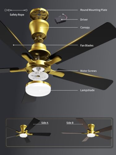 52 Inch Black Gold Low Profile Ceiling Fan with Light and Remote (Gold Black / 52 Inch)