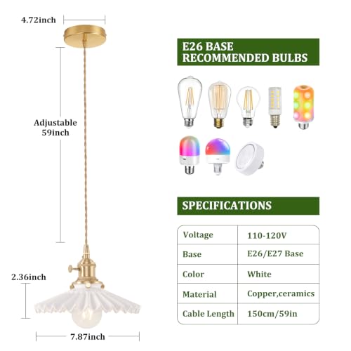 Pendant Light 2 Pack with White Pleated Ceramic Lmapshade (2 Count)