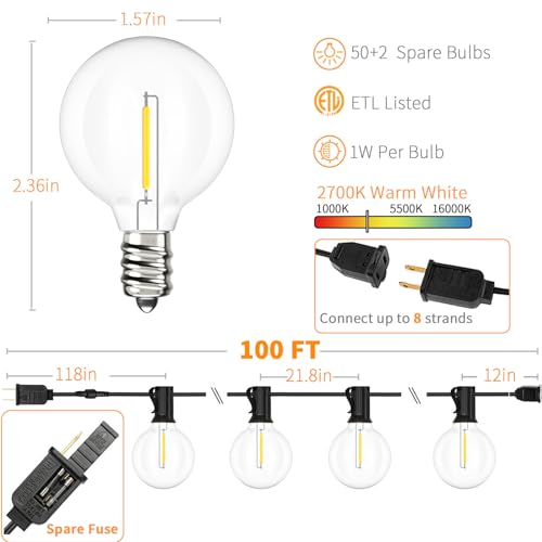 Outdoor String Lights Waterproof 100 FT for Outside Patio 52 Bulbs (100 Foot)