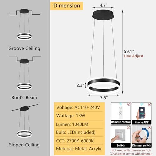 D7.8'' Modern Ring Chandelier for Dining Room LED Dimmable Pendant Lighting High Ceiling Chandelier for Living Room Foyer Bedroom Entryway 3000K