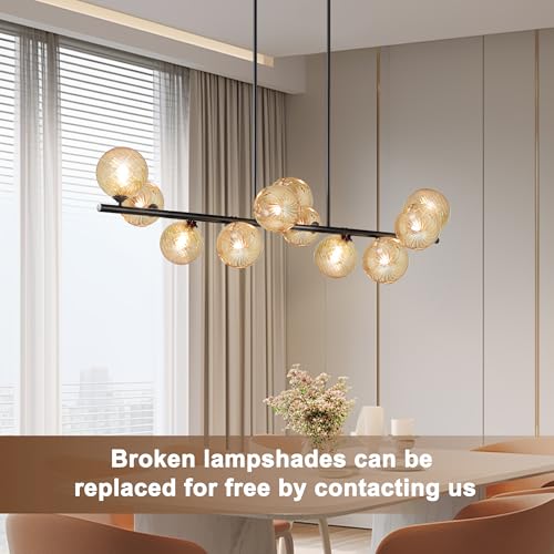 Linear Chandeliers for Dining Room 51" Island Lights for Kitchen Modern Sputnik Chandelier with Amber Swirled Glass 11 Light Dining Room Chandelier Large Linear Chandeliers for Kitchen Island (11 Count)