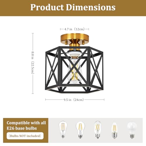 Modern Farmhouse Black and Gold Semi Flush Mount Ceiling Light 9.5 in
