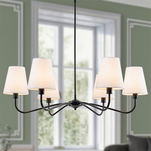Black Farmhouse Chandeliers Over Table with White Fabric Shade