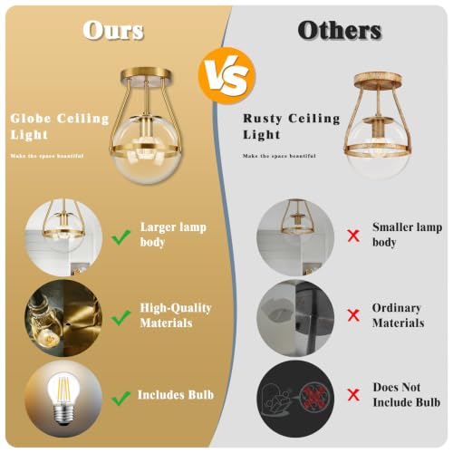 6" Globe Semi Flush Mount Ceiling Light Fixture Modern Gold Semi Flush Mount Ceiling Light Mid Century Ceiling Light with Clear Glass Shade Brass Finish for Hallway Bathroom Foyer