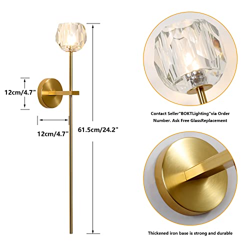 1 Light Antique Brass Wall Sconce Lighting Fixture Modern Clear Crystal Ball Wall Sconce Lamp Brushed Gold Long Metal Wall Light Hardwired Bathroom Vanity Light Fixture