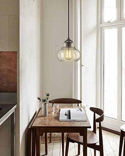 8 Inch Pendant Light Fixtures Seeded Bubble Glass Hanging Light Industrial Pendant Lighting for Kitchen Island Farmhouse Bar Bathroom Dining Room Oil Rubbed Bronze Finish