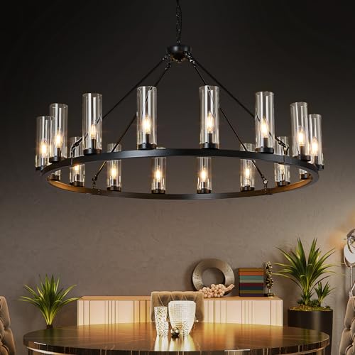 16 Light Large Wagon Wheel Chandelier with Clear Glass Shade Black Round Pendant Light Farmhouse Industrial Chandeliers Dining Room Light Fixture for Stair Living Room Foyer Kitchen