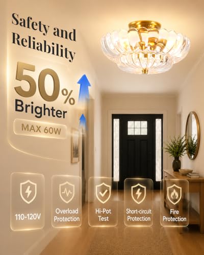 Semi Flush Mount Ceiling Light Fixture 14" Vinatge Gold Ceiling Lights Mid Century Modern Clear Glass Close to Ceiling Lighting Fixtures for Bedroom Hallway Kitchen Laundry Room Bathroom