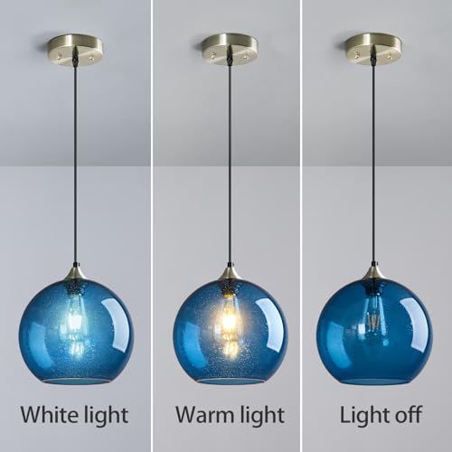 Blue Glass Pendant Lights Kitchen Island Lighting Globe Pendant Light Fixtures Modern Pendant Lighting for Kitchen Island Bedroom Living Dining Room Light Fixture (2 Count)