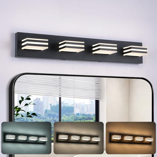 4 Light LED Black Vanity Lights for Bathroom Light Fixtures Adjust 3 Colors Modern Bath Lighing Over Mirror LED Vanity Light 27inch Acrylic Heads (4 Count)