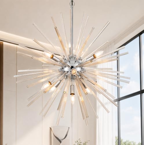 31.5" 12 Light Crystal Sputnik Chandelier Modern Adjustable Firework Globe High Ceiling Fixture for Living Room