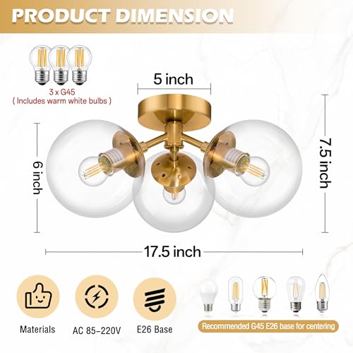 3 Light Modern Gold Semi Flush Mount Ceiling Lights Clear Glass Globe Ceiling Lights Mid Century Brass Chandelier Modern Sputnik Ceilings Light Fixture for Bedroom Hallway Entryway Living Room