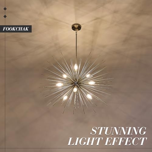 32in Nickel Sputnik Chandelier Solid Metal Starburst Light Fixture 9 Light