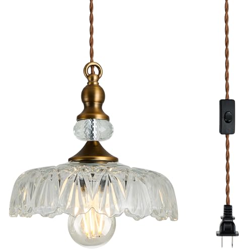 Plug in Glass Pendant Light Fixture Brass Vintage Adjustable Chandelier Brushed Gold Hanging Ceiling Light for Farmhouse Hallway Bedroom Foyer Kitcken Dining Room Island