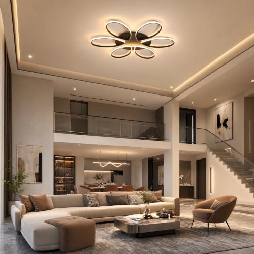 Modern LED Ceiling Light Fixture Black Flush Mount Ceiling Lamp with Remote Control Dimmable 6 Rings Flower Shaped Ideal for Living Room Bedroom Dining Room Kitchen