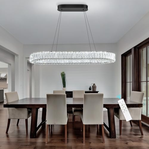 Modern Oval Crystal Chandelier Glam Dimmable Crystal Ceiling Chandeliers for Dining Room Kitchen Island Black