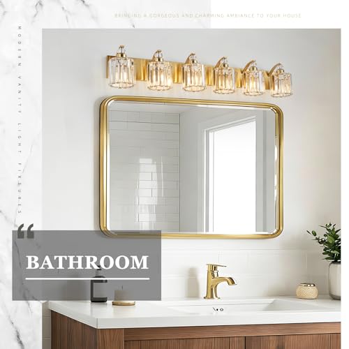 6 Lights Brushed Brass Bathroom Light Fixture Gold Vanity Lights Modern Crystal Bathroom Vanity Lighting Over Mirror Wall Sconce with K9 Crystal Shade E26 Base for Living Room