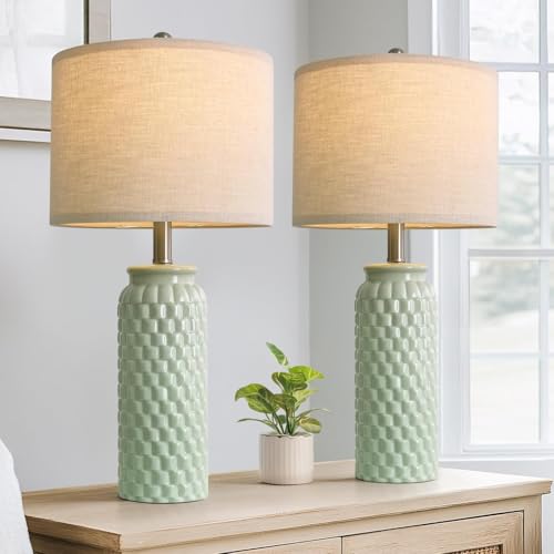 24" Modern Ceramic Green Bedside Lamp Set of 2 Table Lamp for Bedroom Decor Farmhouse Table Lamp for Living Room Office Dorm (2 Count)