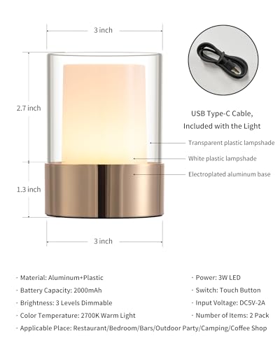 4" Gold Cordless Table Lamp 2 Pack (2 Count)