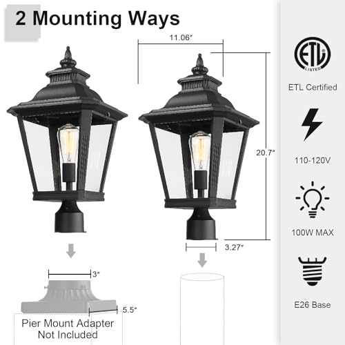 Large Outdoor Post Light Fixtures 21'' Lamp Post Light Fixture Black Finish Waterproof Anti