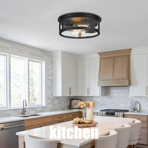 Farmhouse Black Flush Mount Ceiling Light Fixtures with Seeded Glass (Black)