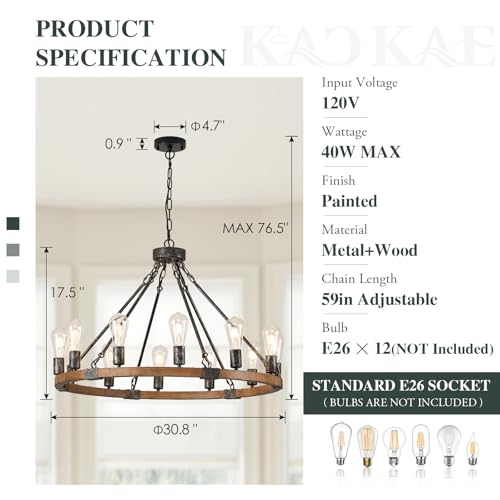 Farmhouse Wagon Wheel Chandelier 31" Oak Wood Chandelier Light Fixture 12