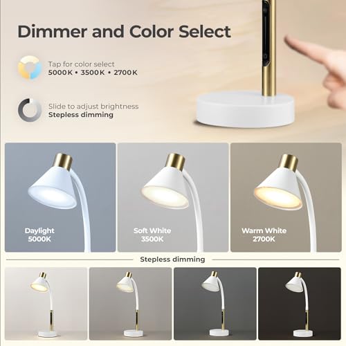 15" LED Integrated Matte White Desk Lamp with Matte Brass Accent and Adjustable Silicone Gooseneck
