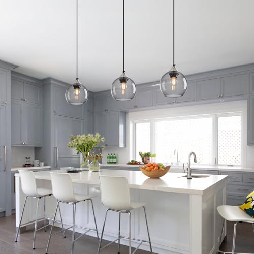 Light Grey Glass Pendant Lights Kitchen Island Globe Pendant Light Fixtures Modern Pendant Lighting for Bedroom Living Dining Room Light Fixture (2 Count)