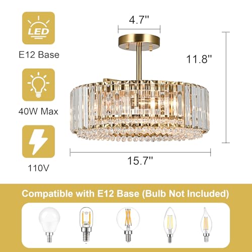 15.8“ Modern Crystal Chandelier Gold Round Semi Flush Mount Ceiling Light Fixture Chandelier for Living Room Dining Room Bedroom Hallway Entryway Kitchen