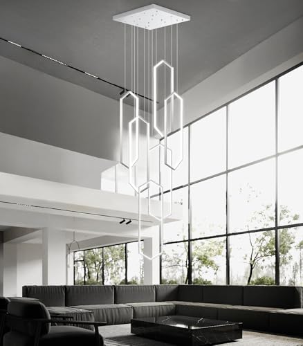 6 Rings Modern Chandelier LED Dimmable Long Large High Ceiling Chandelier Adjust Flush Mount Ceiling Light for Foyer Lobby Living Room Staircaes Sliver (6 Count)