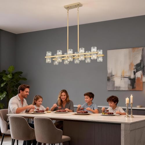20 Light L32 Rectangle Gold Crystal Dining Room Light Fixture