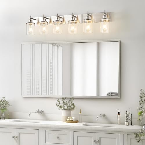6 Light Brushed Nickel Bathroom Light Fixture Over Mirror Modern Bathroom Vanity Light Vintage Wall Lighting with Clear Glass Shade for Bathroom (6 Count)